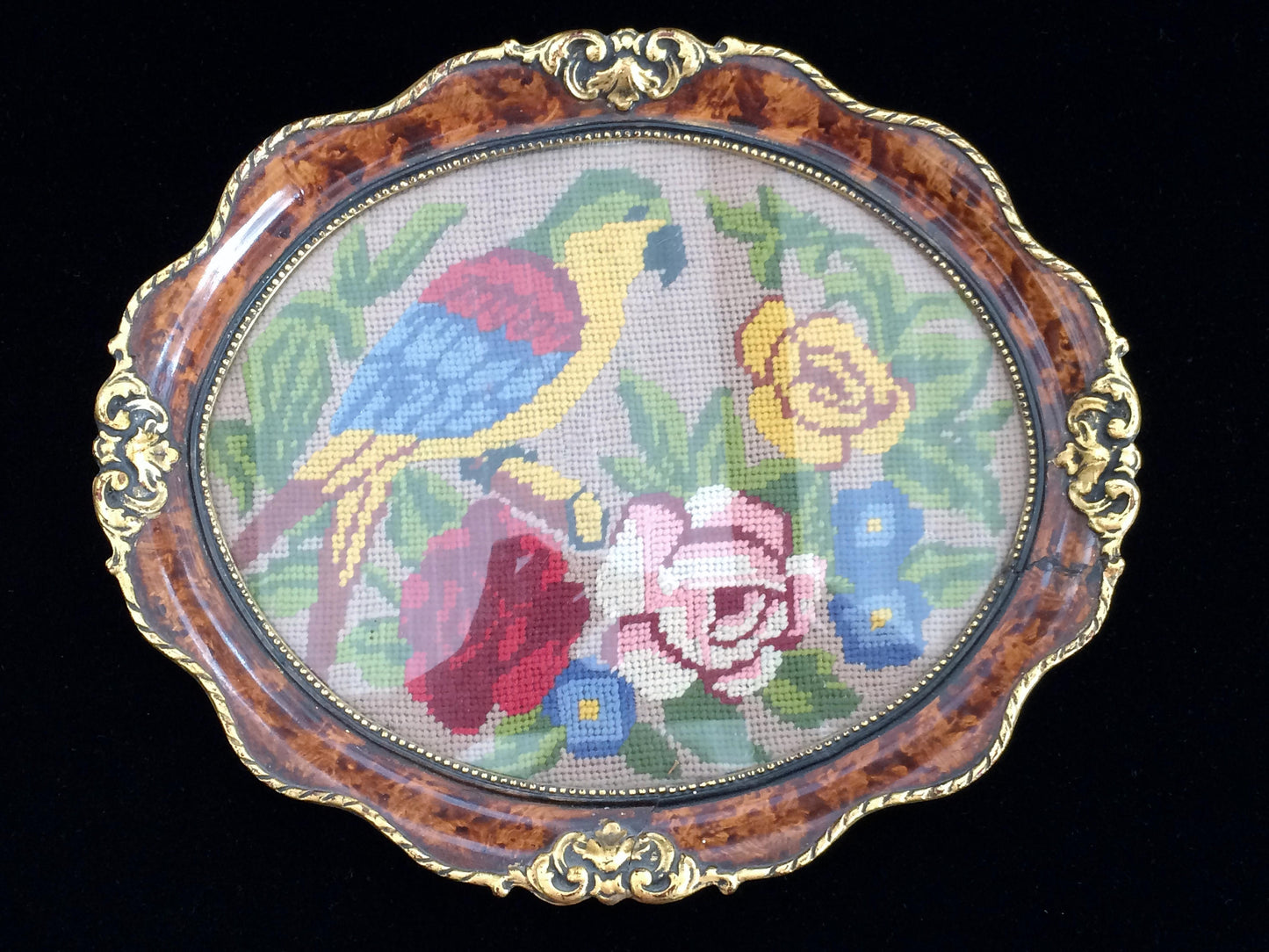 Antique Parrot and Roses Gobelin Needlepoint Picture in Ornate Oval Gilded Walnut Stain Frame