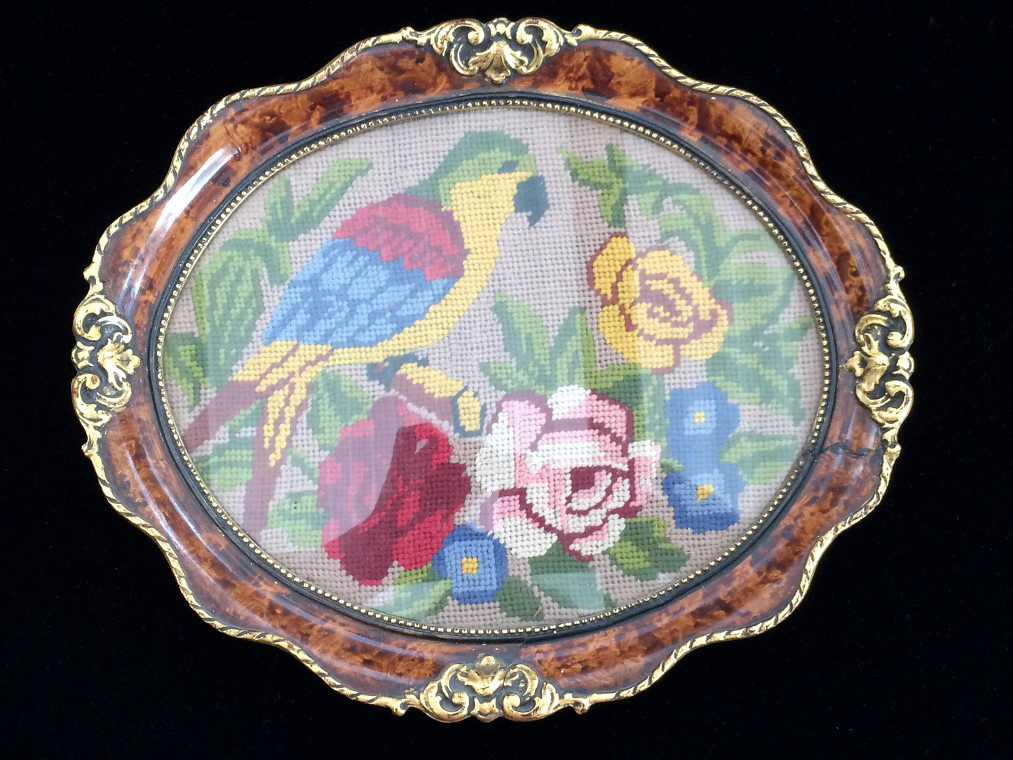 Antique Parrot and Roses Gobelin Needlepoint Picture in Ornate Oval Gilded Walnut Stain Frame