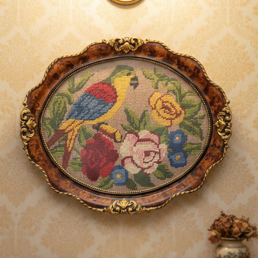 Antique Parrot and Roses Gobelin Needlepoint Picture in Ornate Oval Gilded Walnut Stain Frame