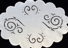 Load image into Gallery viewer, Vintage 1950s Madeira Hand Embroidered Oval White on White Cutwork Linen Doily or Placemat with Scalloped Edge