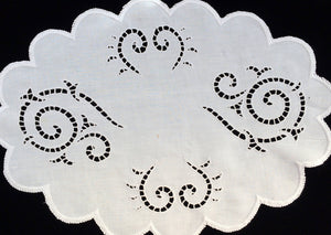 Vintage 1950s Madeira Hand Embroidered Oval White on White Cutwork Linen Doily or Placemat with Scalloped Edge