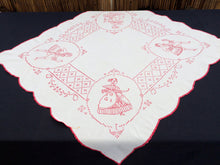 Load image into Gallery viewer, Antique European Crinoline Lady Cross and Stem Stitch Embroidered Red and White Square Tablecloth