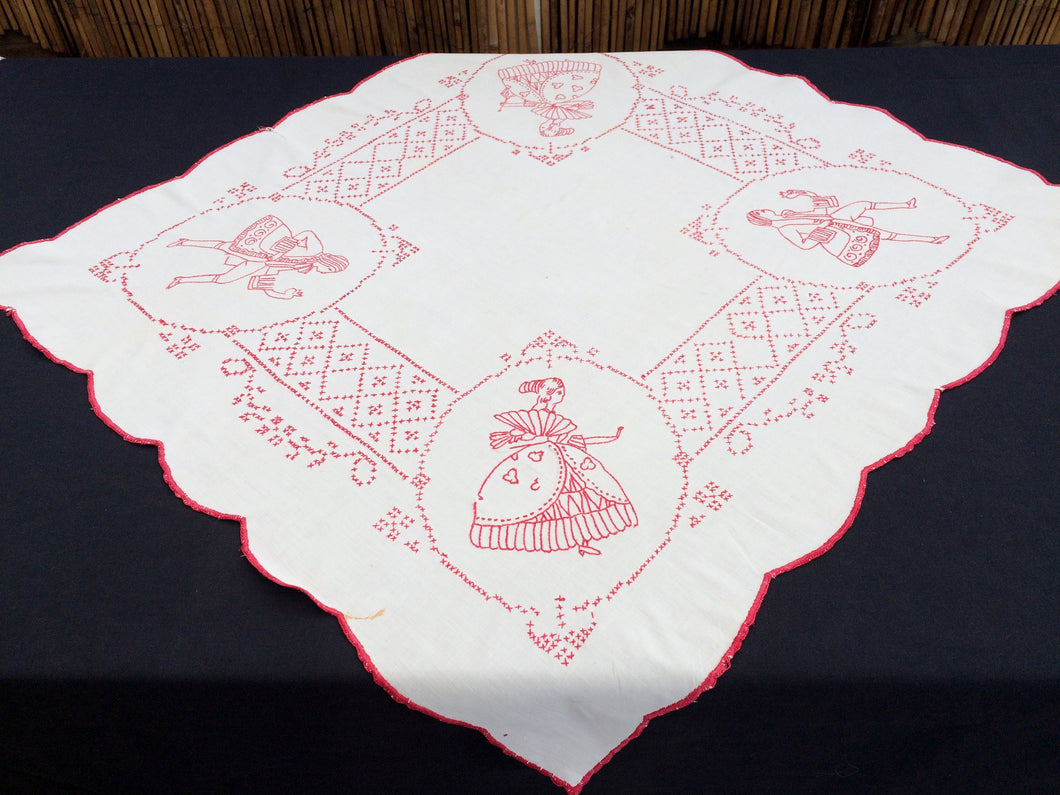 Antique European Crinoline Lady Cross and Stem Stitch Embroidered Red and White Square Tablecloth