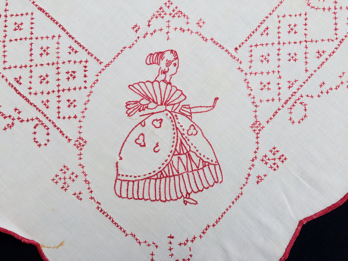Antique European Crinoline Lady Cross and Stem Stitch Embroidered Red and White Square Tablecloth