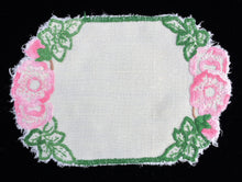 Load image into Gallery viewer, Vintage Hand Embroidered Oblong Linen Doily with Pink Flowers on Off-white Linen