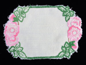Vintage Hand Embroidered Oblong Linen Doily with Pink Flowers on Off-white Linen