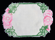 Load image into Gallery viewer, Vintage Hand Embroidered Oblong Linen Doily with Pink Flowers on Off-white Linen