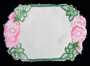 Vintage Hand Embroidered Oblong Linen Doily with Pink Flowers on Off-white Linen