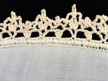 Load image into Gallery viewer, Vintage Embroidered White Linen Doily with With Ivory Crochet Lace Edging