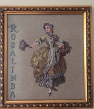 Load image into Gallery viewer, Gobelin Needlepoint Framed Vintage Tapestry Gobelin Portrait of a Flower Girl &quot;Rosalinda&quot; in Ornate Gilded Picture Frame