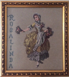 Gobelin Needlepoint Framed Vintage Tapestry Gobelin Portrait of a Flower Girl "Rosalinda" in Ornate Gilded Picture Frame