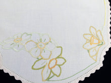 Load image into Gallery viewer, Large Vintage Embroidered Oblong Off White Linen Doily or Table Runner with Yellow/Green Daffodils and Crochet Lace Edging