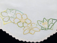 Load image into Gallery viewer, Large Vintage Embroidered Oblong Off White Linen Doily or Table Runner with Yellow/Green Daffodils and Crochet Lace Edging