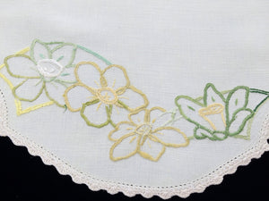 Large Vintage Embroidered Oblong Off White Linen Doily or Table Runner with Yellow/Green Daffodils and Crochet Lace Edging