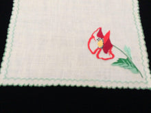 Load image into Gallery viewer, Vintage 1980s Machine Embroidered Off White Cotton Linen Doily or Napkin with Poppy Design and Green Scalloped Edging