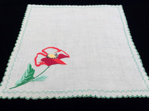 Vintage 1980s Machine Embroidered Off White Cotton Linen Doily or Napkin with Poppy Design and Green Scalloped Edging