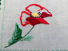 Load image into Gallery viewer, Vintage 1980s Machine Embroidered Off White Cotton Linen Doily or Napkin with Poppy Design and Green Scalloped Edging