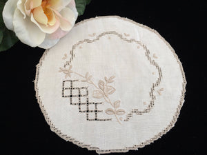 Vintage Embroidered Ajour (Openwork) Ivory and Ecru Hand Embroidered Linen Doily