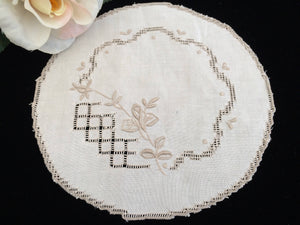 Vintage Embroidered Ajour (Openwork) Ivory and Ecru Hand Embroidered Linen Doily