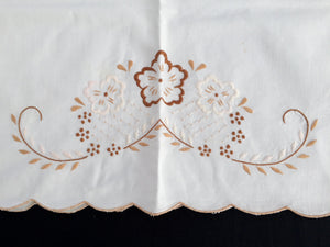 Hand Embroidered White Linen Guest Towel. Large Towel with Scalloped Edging