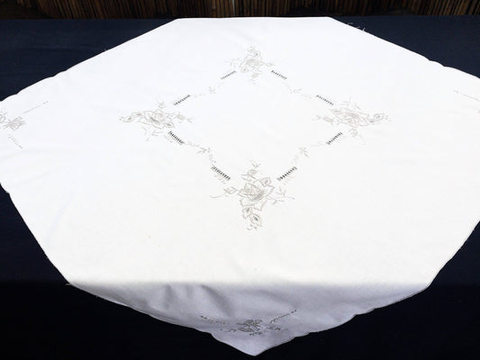 Vintage Machine Embroidered Cotton Tablecloth with Cutwork in Ivory/Ecru Colours