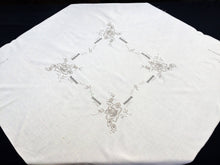 Load image into Gallery viewer, Vintage Machine Embroidered Cotton Tablecloth with Cutwork in Ivory/Ecru Colours