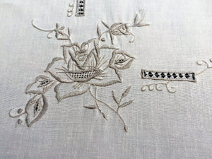 Vintage Machine Embroidered Cotton Tablecloth with Cutwork in Ivory/Ecru Colours