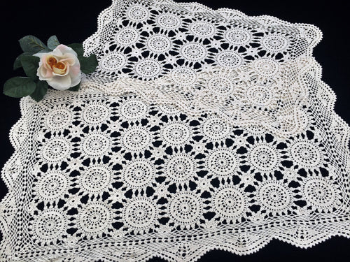 A Pair of Small Vintage Ivory Vintage Crochet Lace Table Runners in Ivory Cotton