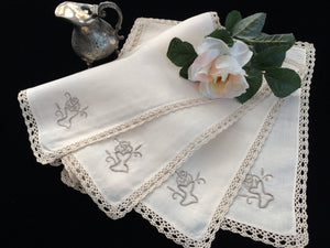Set of 4 Vintage Ivory and Ecru Embroidered Cotton Linen Napkins with Ecru (Beige) Coloured Crochet Lace Border (Edging)