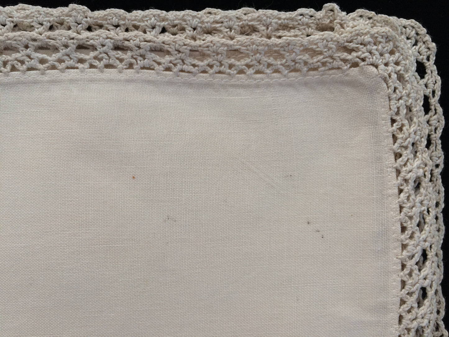 Set of 4 Vintage Ivory and Ecru Embroidered Cotton Linen Napkins with Ecru (Beige) Coloured Crochet Lace Border (Edging)