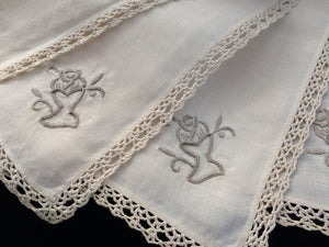 Set of 4 Vintage Ivory and Ecru Embroidered Cotton Linen Napkins with Ecru (Beige) Coloured Crochet Lace Border (Edging)