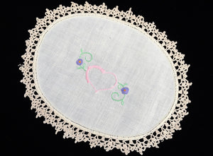 Vintage Embroidered White Linen Doily with With Ivory Crochet Lace Edging
