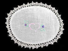 Load image into Gallery viewer, Vintage Embroidered White Linen Doily with With Ivory Crochet Lace Edging