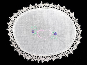 Vintage Embroidered White Linen Doily with With Ivory Crochet Lace Edging