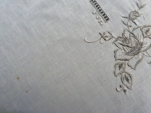 Vintage Machine Embroidered Cotton Tablecloth with Cutwork in Ivory/Ecru Colours