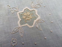 Load image into Gallery viewer, Vintage Ivory Embroidered Cotton Linen Applique Needlework Tablecloth with Crochet Lace Edging