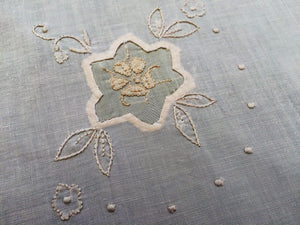 Vintage Ivory Embroidered Cotton Linen Applique Needlework Tablecloth with Crochet Lace Edging