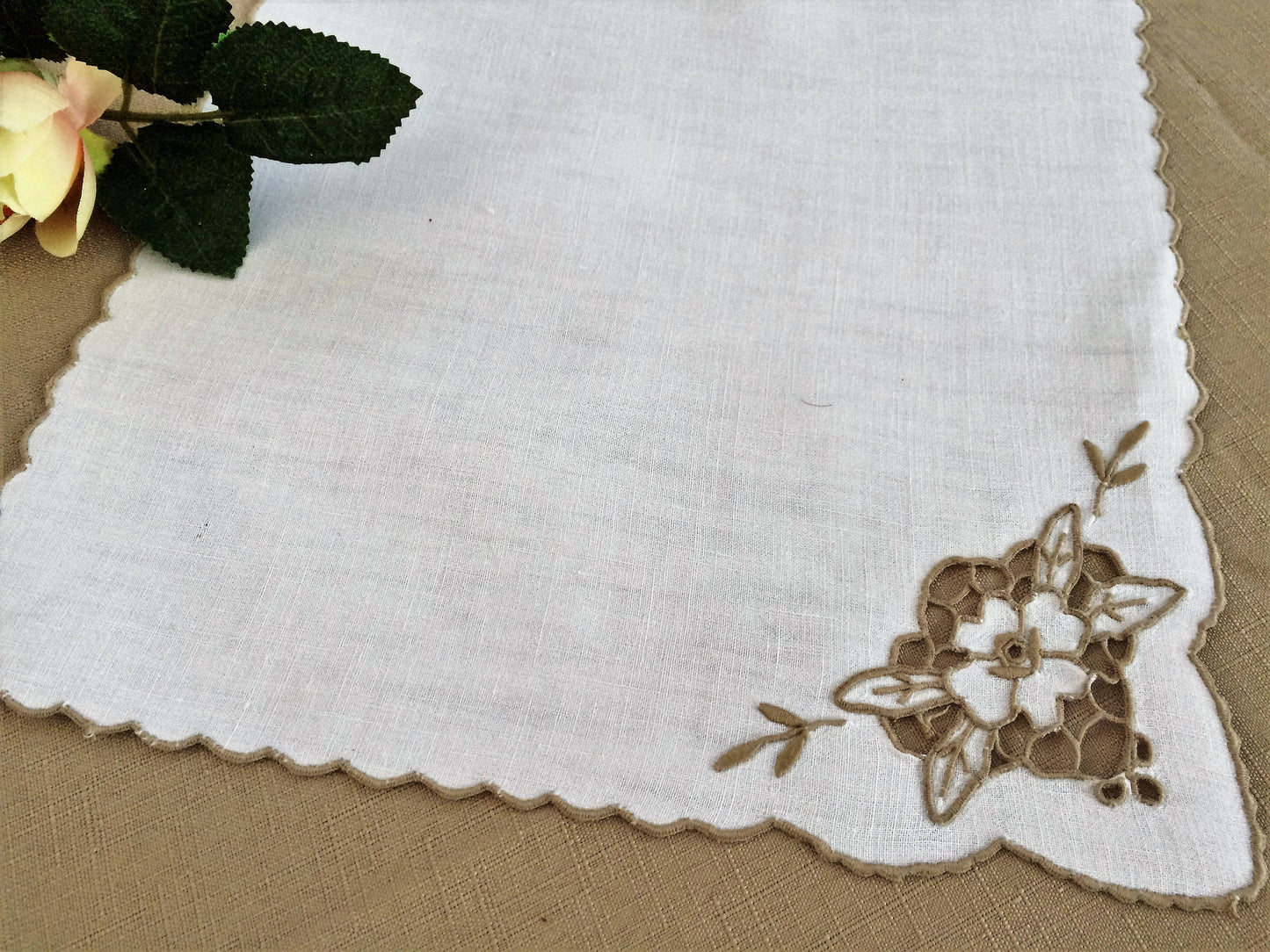 Hand Embroidered Off-White and Taupe Vintage Cutwork Embroidered Linen Napkin with Scalloped Edging