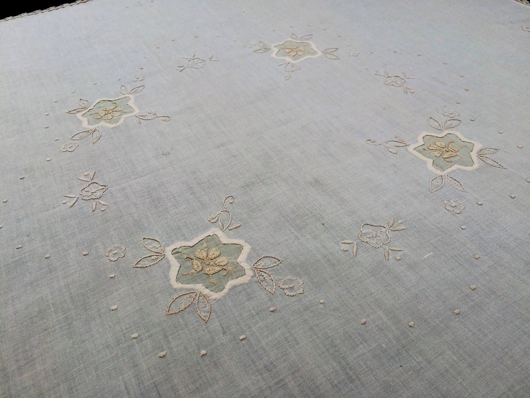 Vintage Ivory Embroidered Cotton Linen Applique Needlework Tablecloth with Crochet Lace Edging