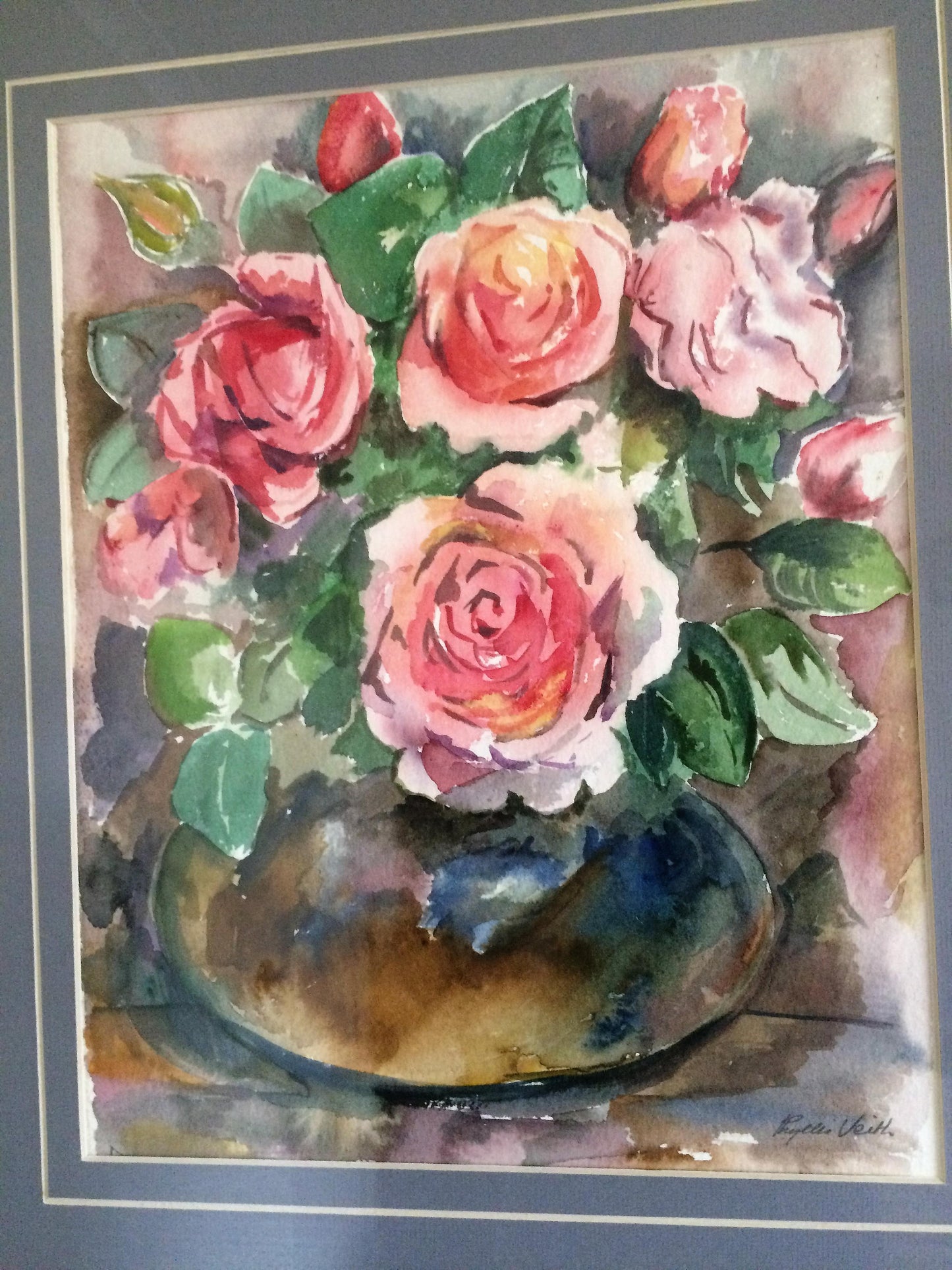Original Phyllis Veith Watercolour Still Life Flowers/Roses Pastel Painting
