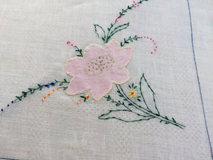 Antique or Vintage Hand Embroidered Applique White Batiste Linen Tablecloth