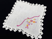 Load image into Gallery viewer, Vintage Embroidered White Linen Flower Basket Design Doily with Crochet Lace Edging
