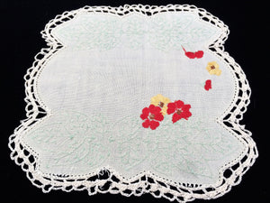 Vintage Embroidered Off-White Linen Embroidered Doily with White Crochet Lace Edging