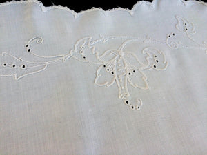 Embroidered Antique Victorian Carver Cover. Rare Antique Linen Kitchen Meat Carver Tablecloth with Madeira Cutwork and Scalloped Crochet Edging