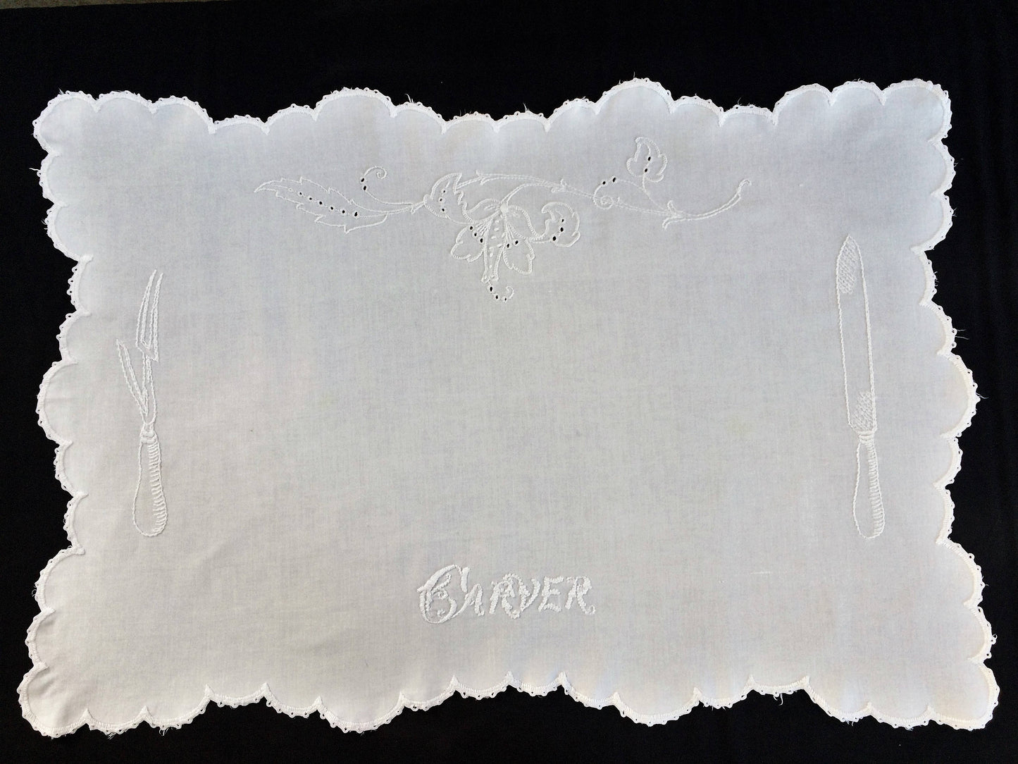 Embroidered Antique Victorian Carver Cover. Rare Antique Linen Kitchen Meat Carver Tablecloth with Madeira Cutwork and Scalloped Crochet Edging