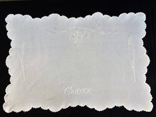 Embroidered Antique Victorian Carver Cover. Rare Antique Linen Kitchen Meat Carver Tablecloth with Madeira Cutwork and Scalloped Crochet Edging