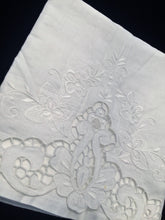 Load image into Gallery viewer, Vintage White on White Madeira Embroidered Large Linen and Lace Guest Towel