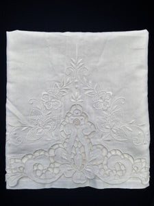 Vintage White on White Madeira Embroidered Large Linen and Lace Guest Towel