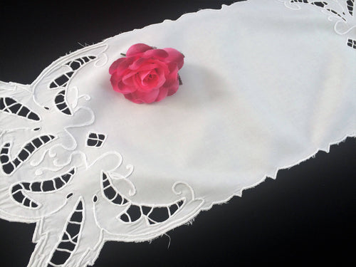 Small Vintage White on White Madeira Cutwork Embroidered Table Runner