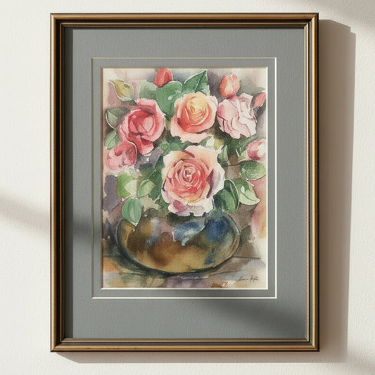 Original Phyllis Veith Watercolour Still Life Flowers/Roses Pastel Painting